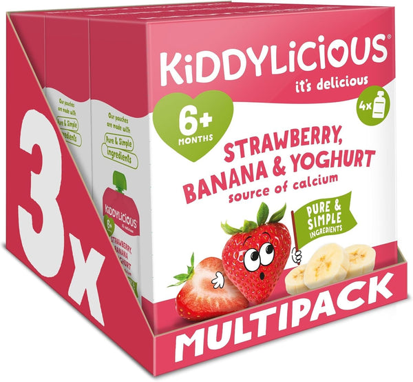 Kiddylicious Strawberry & Banana Yoghurt Pouches 3x4 Pack | Babies 6+ Months