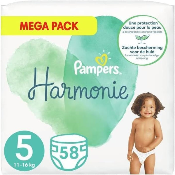 Pampers Harmony Size 5 Baby Nappies 58 Count | Soft Cotton, Alcohol-Free