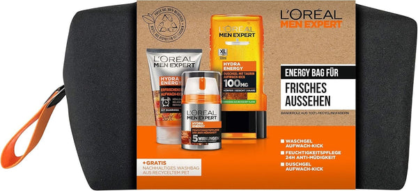L'Oréal Men Expert Hydra Energy Gift Set with Wash Gel, Cream, Shower Gel & Bag
