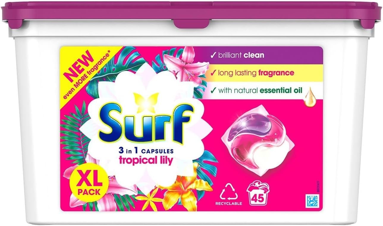 Surf 3-in-1 Tropical Lily Laundry Capsules | 135 Washes XL Pack Detergent by Surf