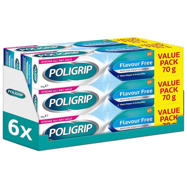 Poligrip Denture Adhesive Cream Flavour Free 70g Secure False Teeth & Partials