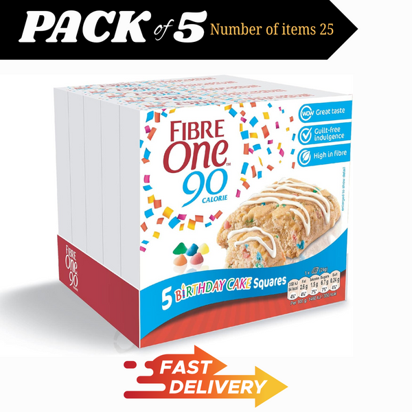 Fibre One 90 Calorie Birthday Cake Squares 5x24g | 25 Bars in Total FREEPOST UK