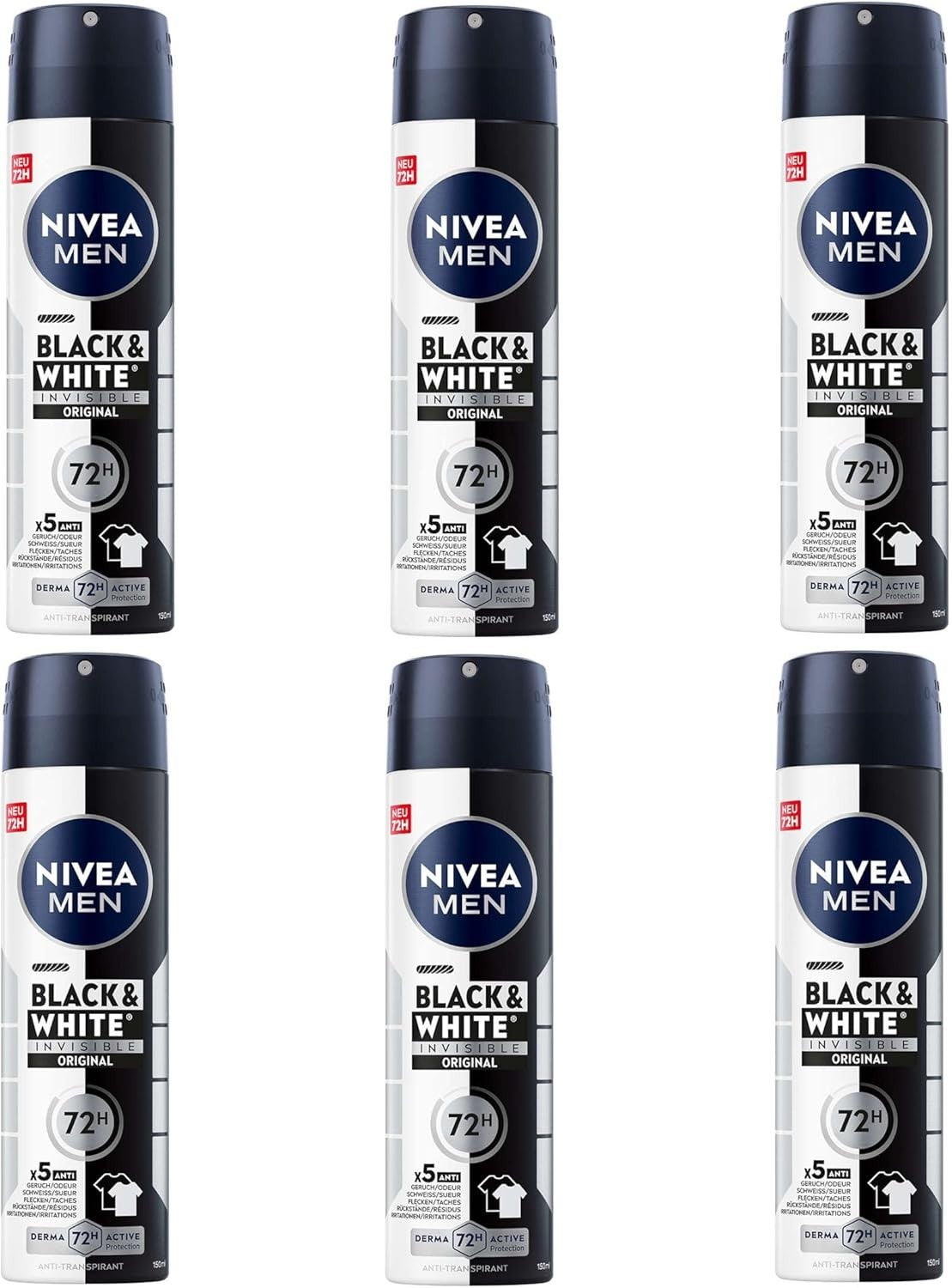 NIVEA Men Black & White Invisible Deodorant Spray 200ml x6 | 72H Anti-Perspirant by Nivea Men