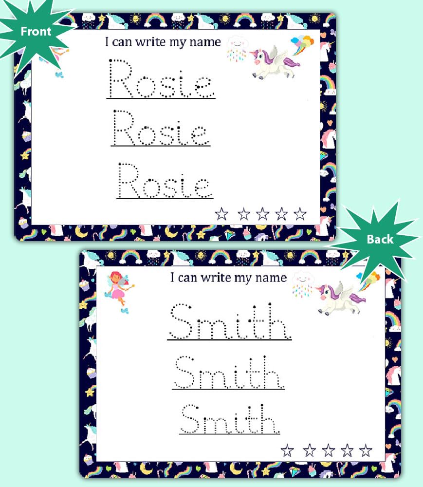 Personalized Name Writing Practice Mat for Kids – Unicorn-Theme by ZStore
