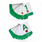 Alphabet and number flash cards on a ring binder; A with Apple, 1 with One, bright toddler illustrations.