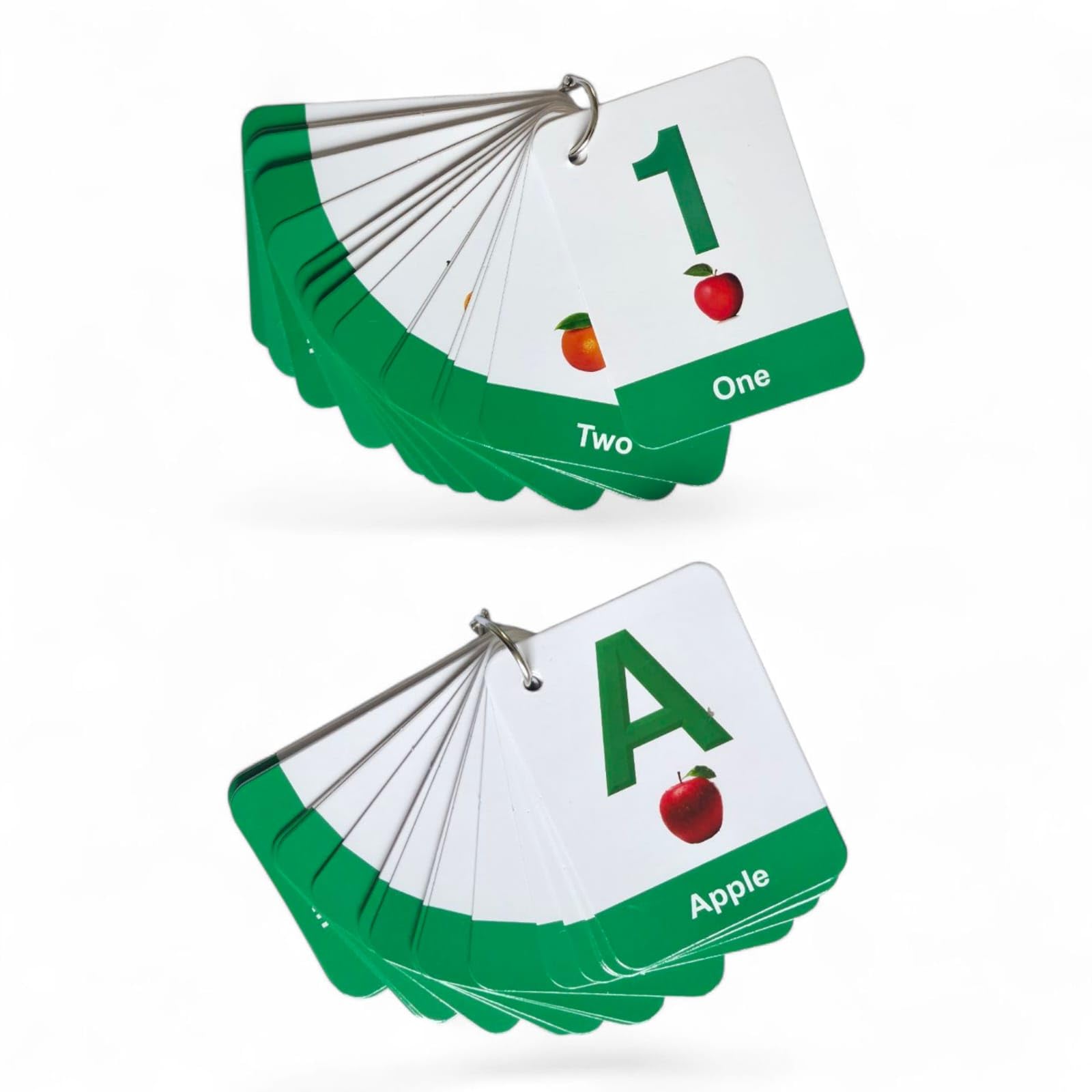 Alphabet and number flash cards on a ring binder; A with Apple, 1 with One, bright toddler illustrations.