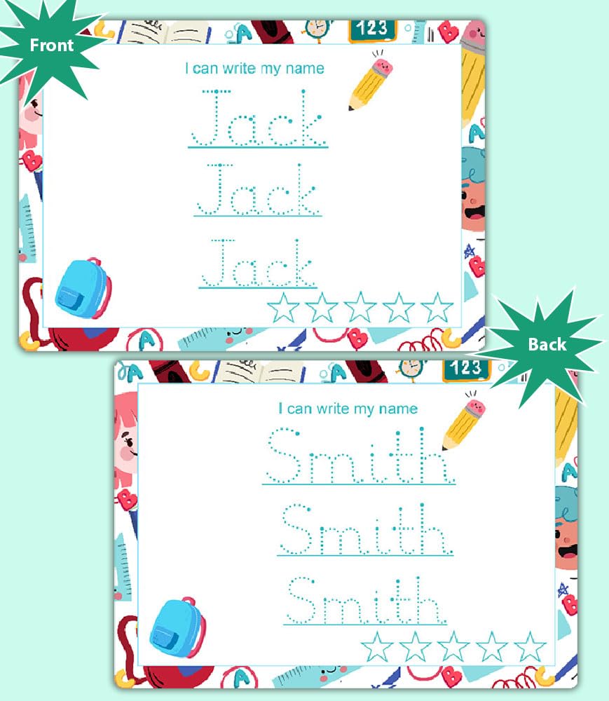Personalised Name Tracing Worksheet School Theme Reusable Handwriting Practice For Kids by ZStore