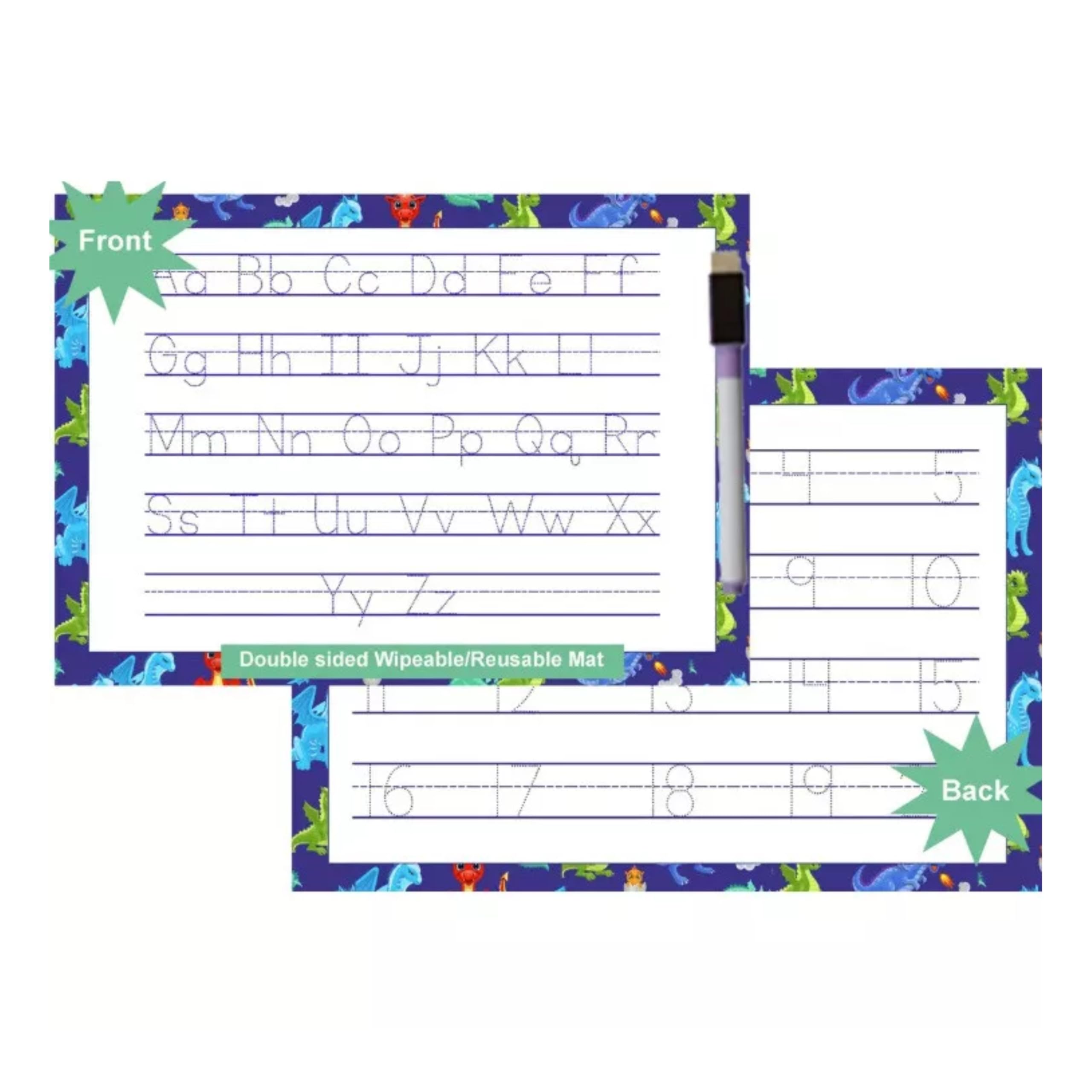 Alphabet, numbers & words tracing mats with pen, double-sided reusable tear-proof writing charts for kids.