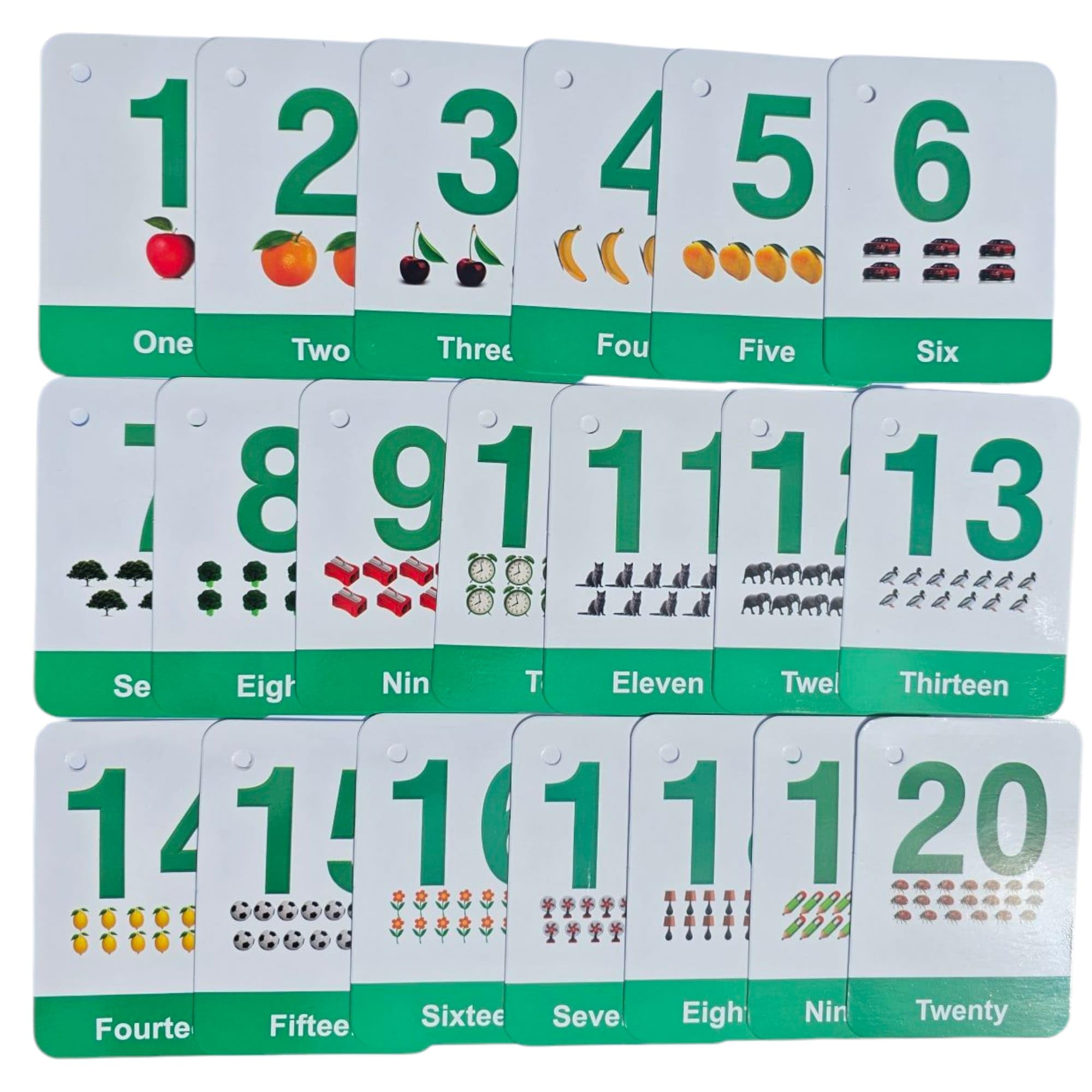 ABC 26 Alphabet & 1-20 Number Flash Cards for kids with uppercase/lowercase letters and counting illustrations.