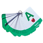 Ring-bound alphabet flash cards fanned out, features A with apple; 26-letter set and number cards for counting.