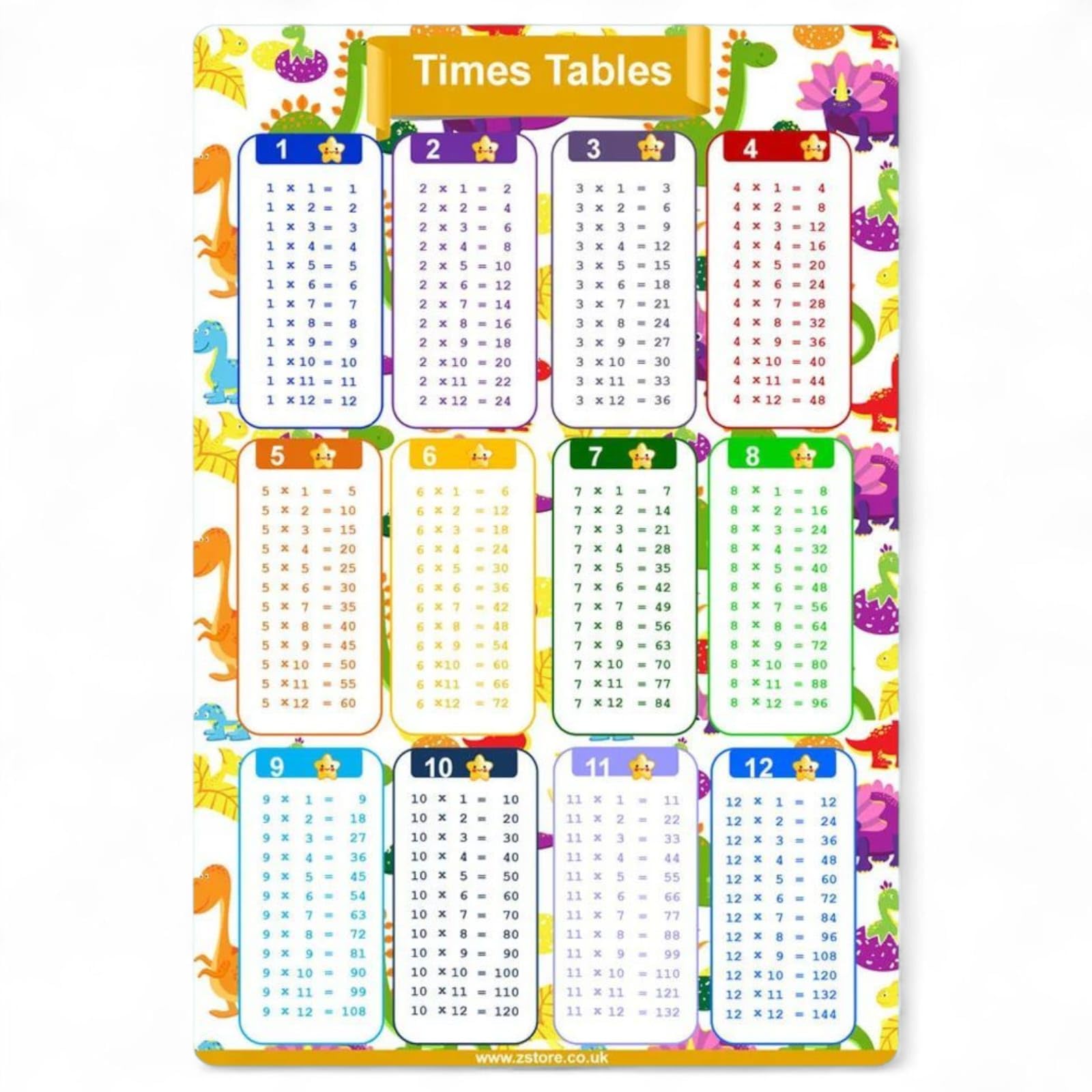 Colorful dinosaur-themed A4 laminated waterproof times tables poster (1-12) for kids ages 3+.