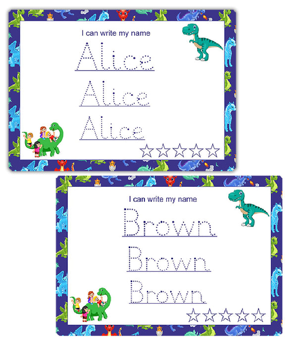Personalised Name Tracing Mat – Double Sided Dinosaur Theme Reusable Board