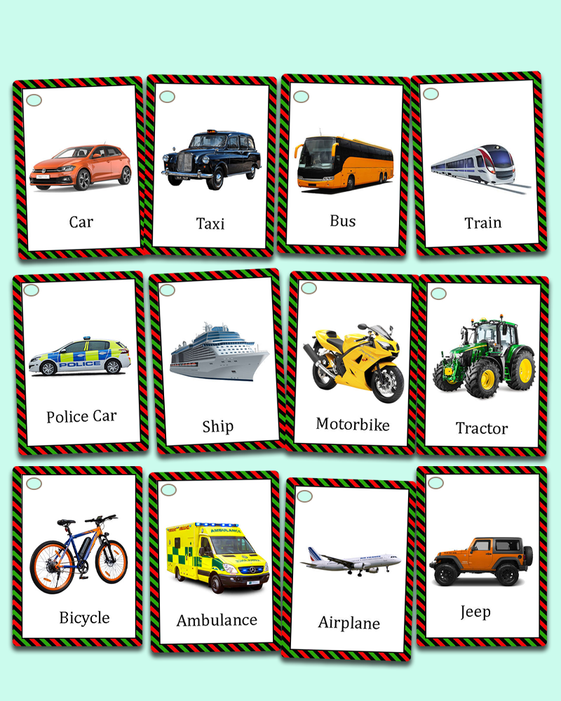 24 Transport Flashcards / Image Cards for Kids preschoolers